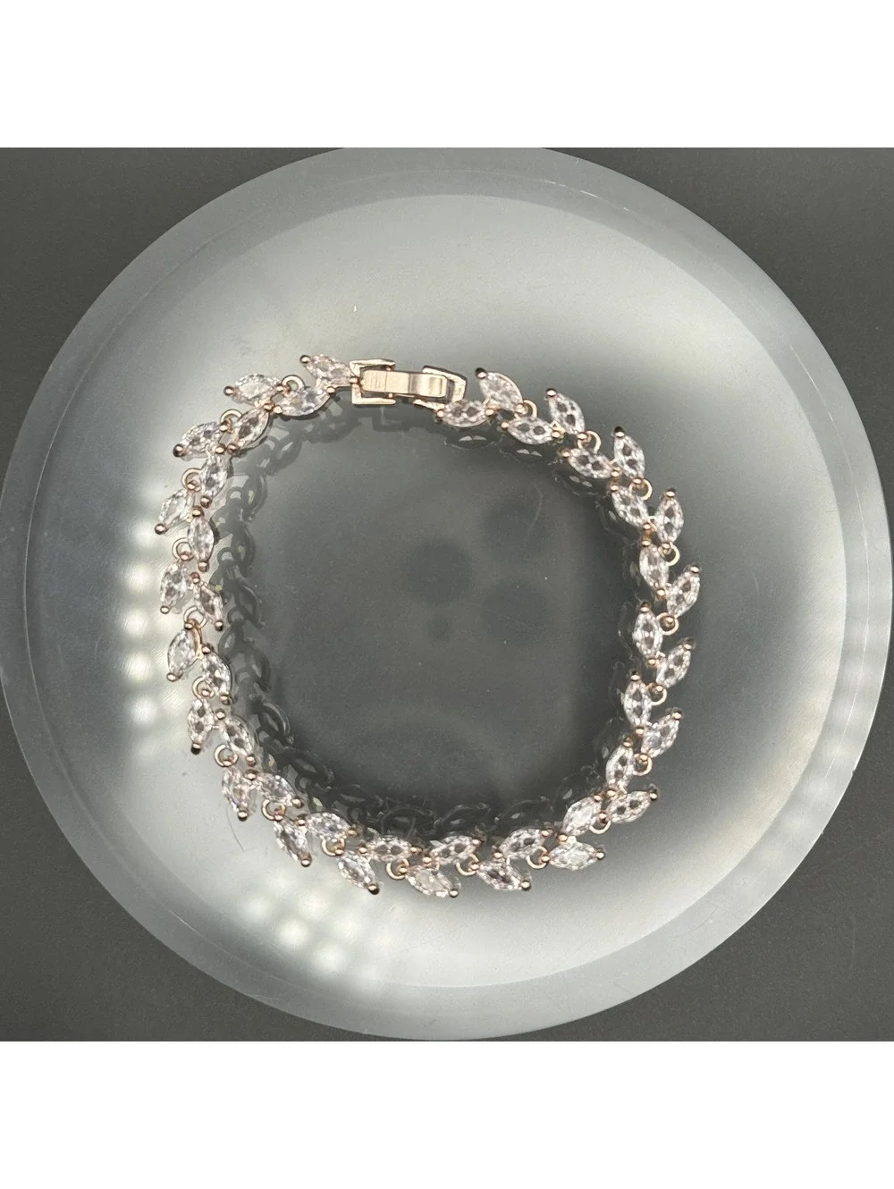 candy+clover Laurel Wreath Clear Crystal Rose Gold Tone Bracelet 7 inch